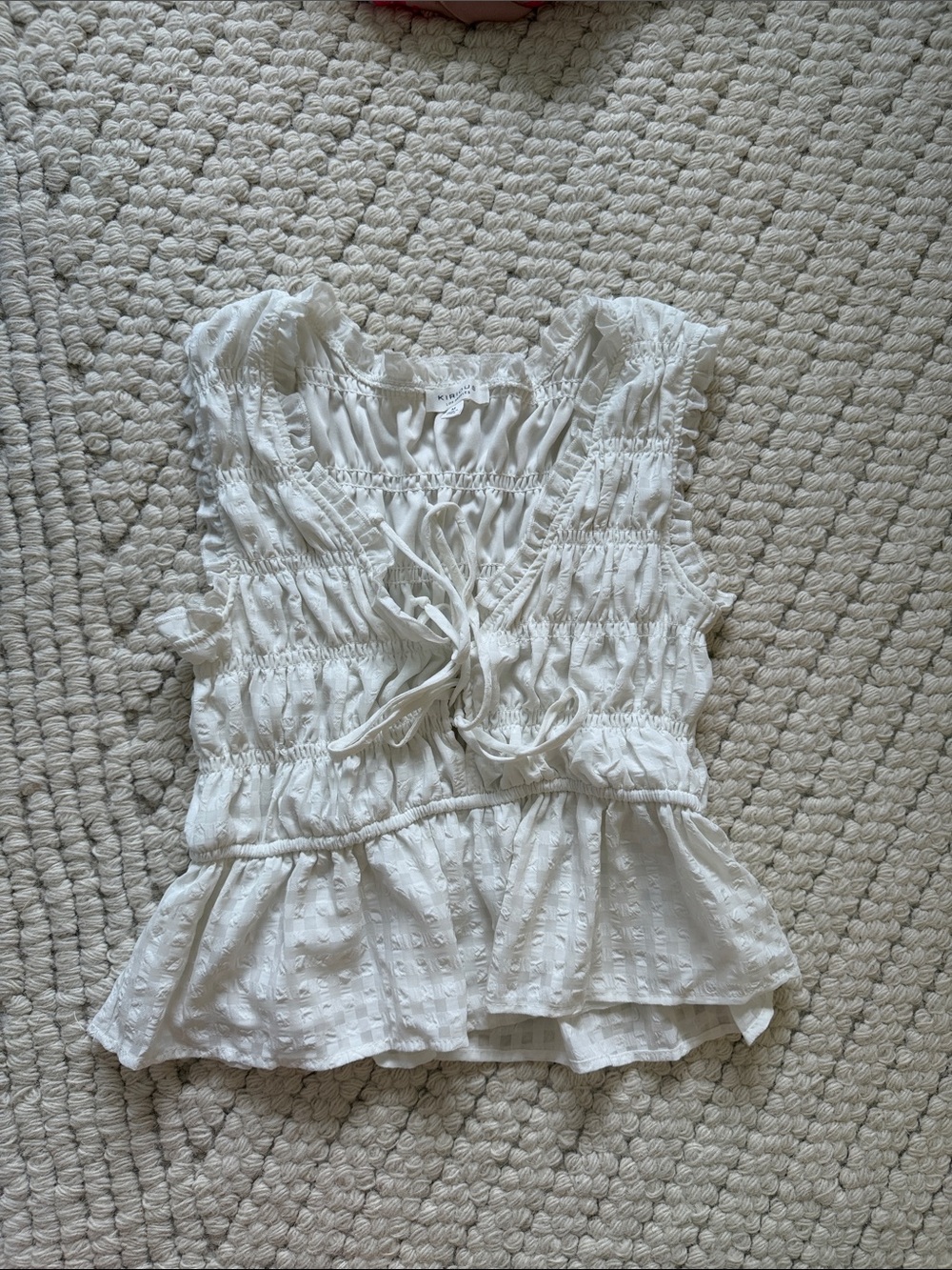 Kirious White Smocked Tie-Front Peplum Blouse